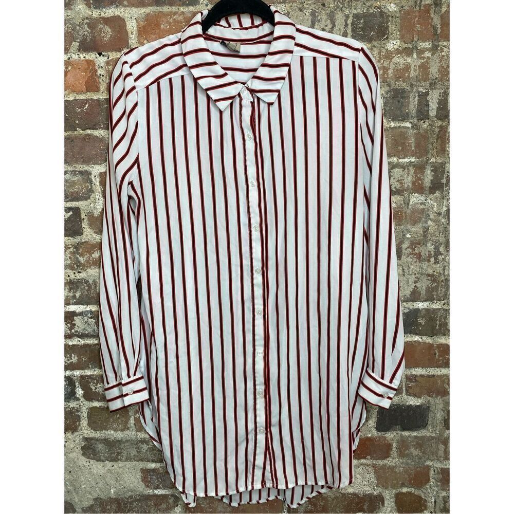 COMO Vintage Red Stripe Pointed Flat Collar Button Down Tunic Women’s Size M